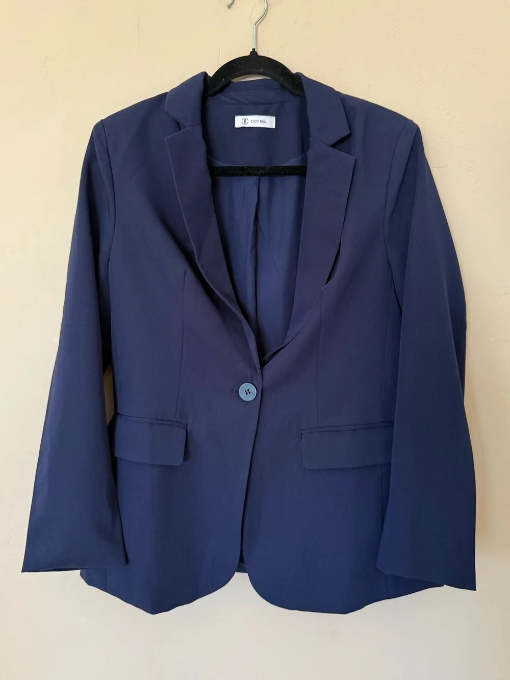 Navy Career Blazer Cicy Bell Stretch One Button Tailored Jacket Size M